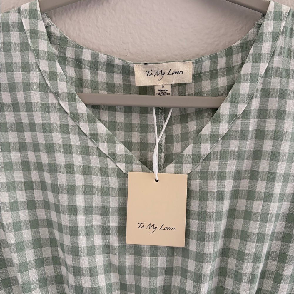 To My Lovers Sage Green Gingham Cotton Tiered Midi Dress Small NWT - Picture 2 of 12